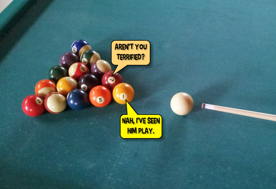 Two balls on a pool table talking to each other from the Bun Karyudo humor blog.